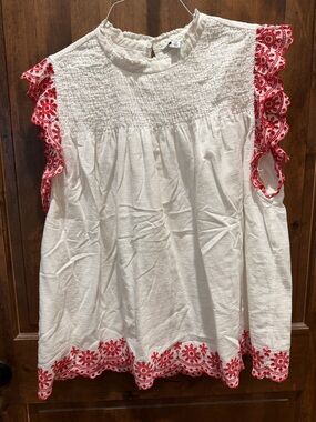 crown & ivy White Blouse with Red Embroidered Trim